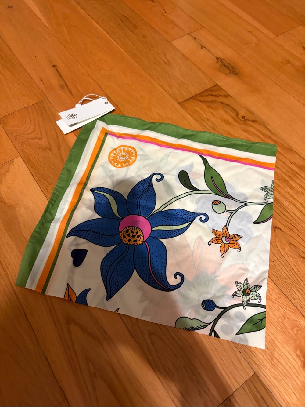 Floral Printed Green-Trim Silk Scarf -